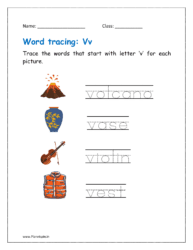 Trace the words that start with letter ‘v' for each picture