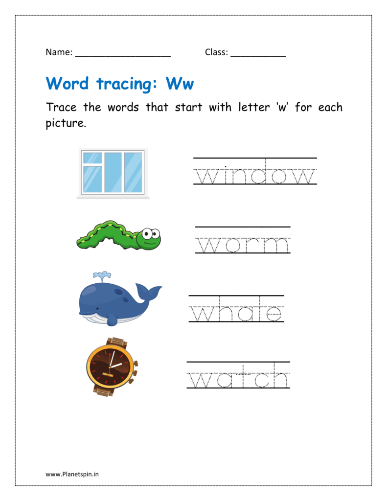 Tracing the word that start with letter ‘w' for each picture