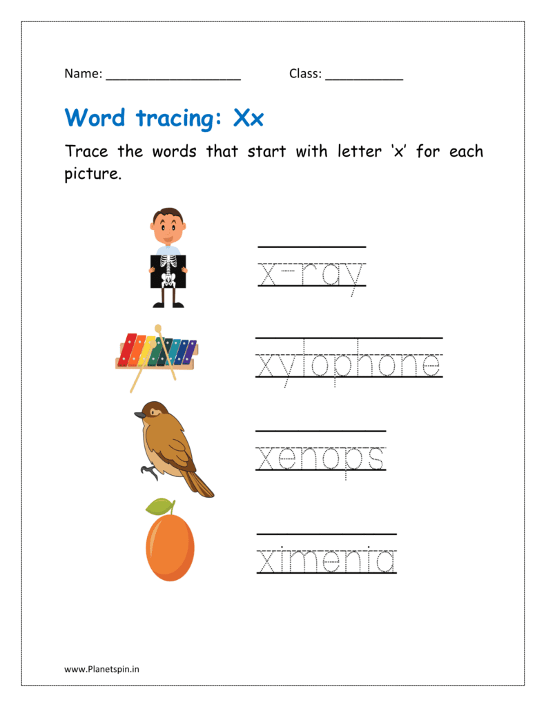 Trace the words that start with letter ‘x' for each picture