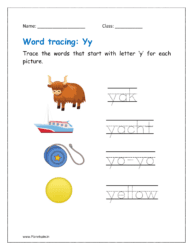 Tracing the word that start with letter ‘y’ for each picture