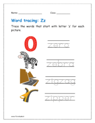 Trace the words that start with letter ‘z’ for each picture