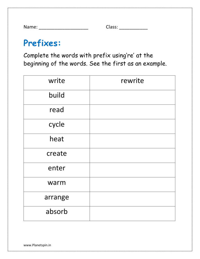 Complete the words with prefix using‘re’ at the beginning of the words. See the first as an example