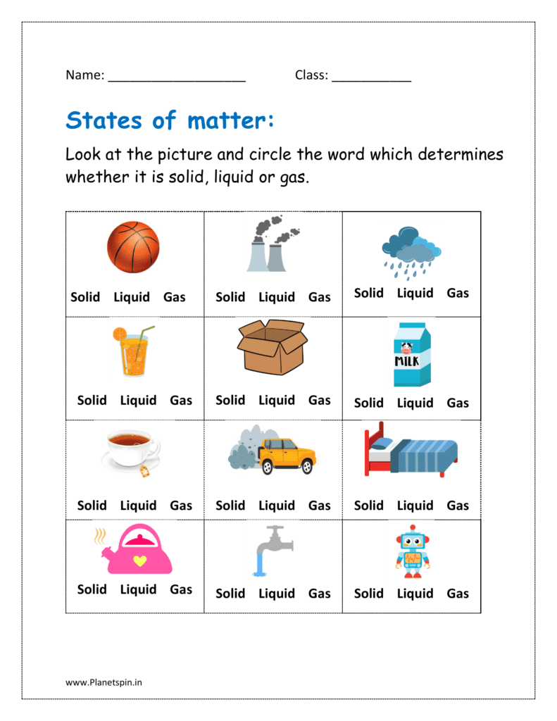 Look at the picture and circle the word which determines whether it is solid, liquid or gas (worksheet states of matter)