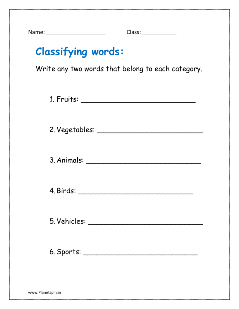 Write any two words that belong to each category.