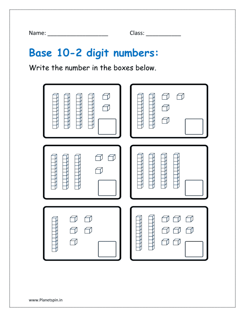 Write the number in the boxes below (Place value worksheet for class 1)