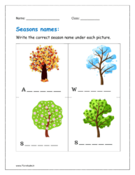 Write the correct season name under each picture in the given worksheet