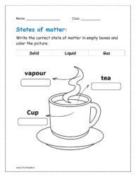 Write the correct state of matter in empty boxes and color the picture