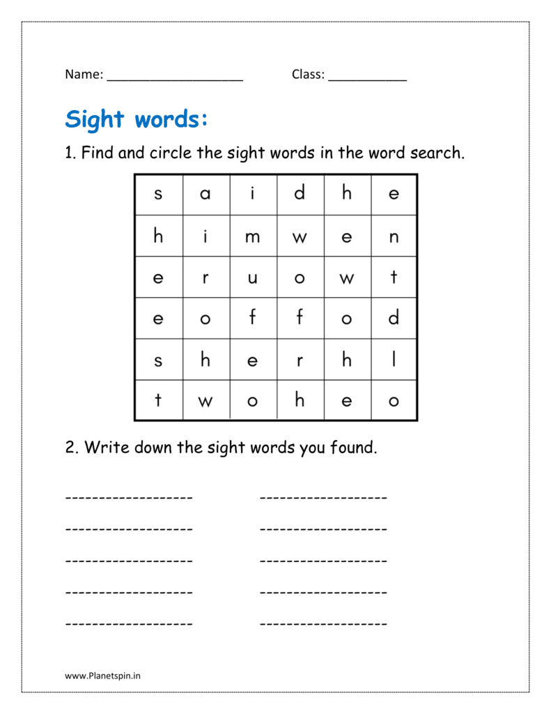 Find and circle the sight words in the word search given in the worksheets pdf for free