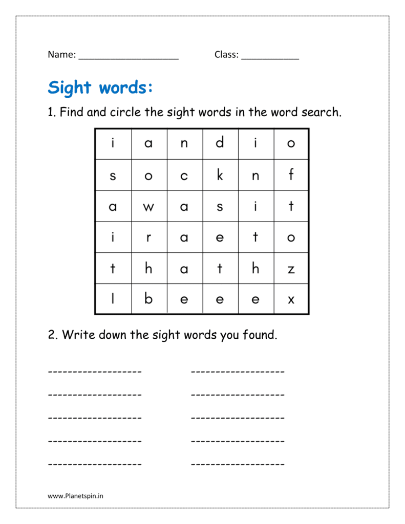 Find and circle the sight words in the word search