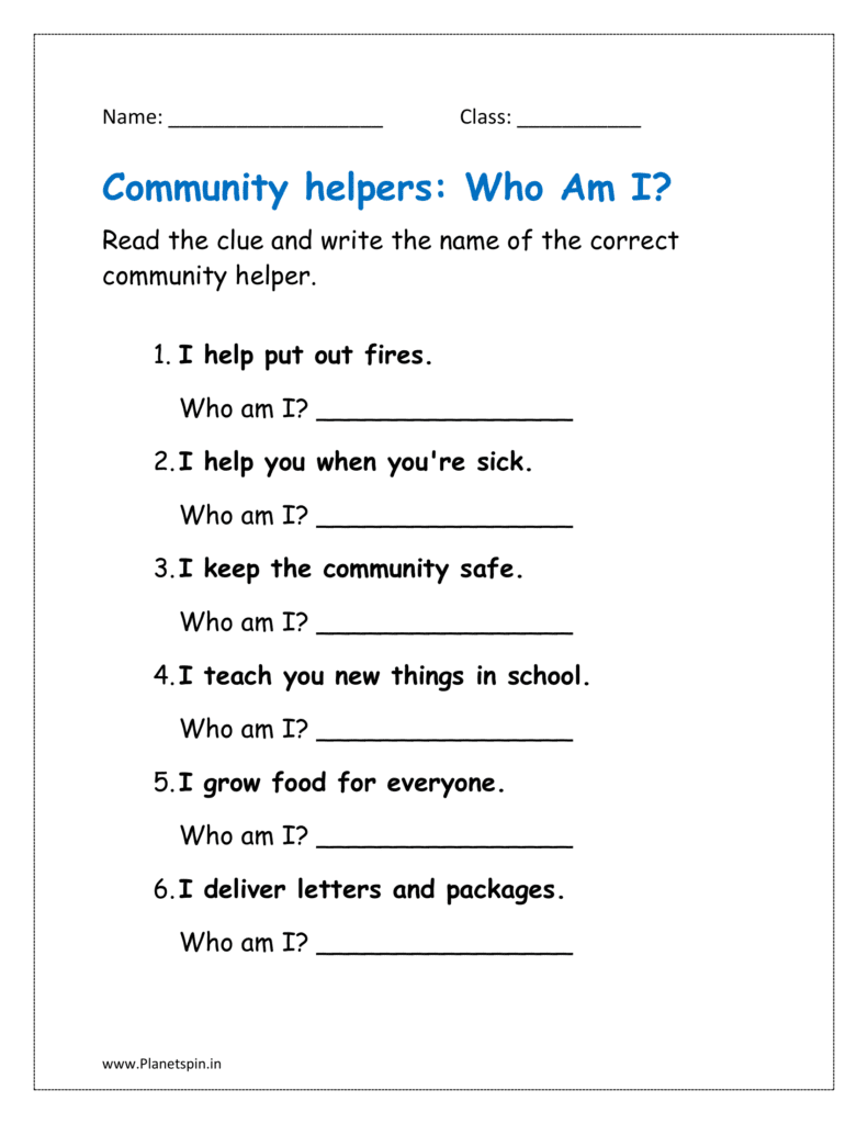 Read the clue and write the name of the correct community helper.