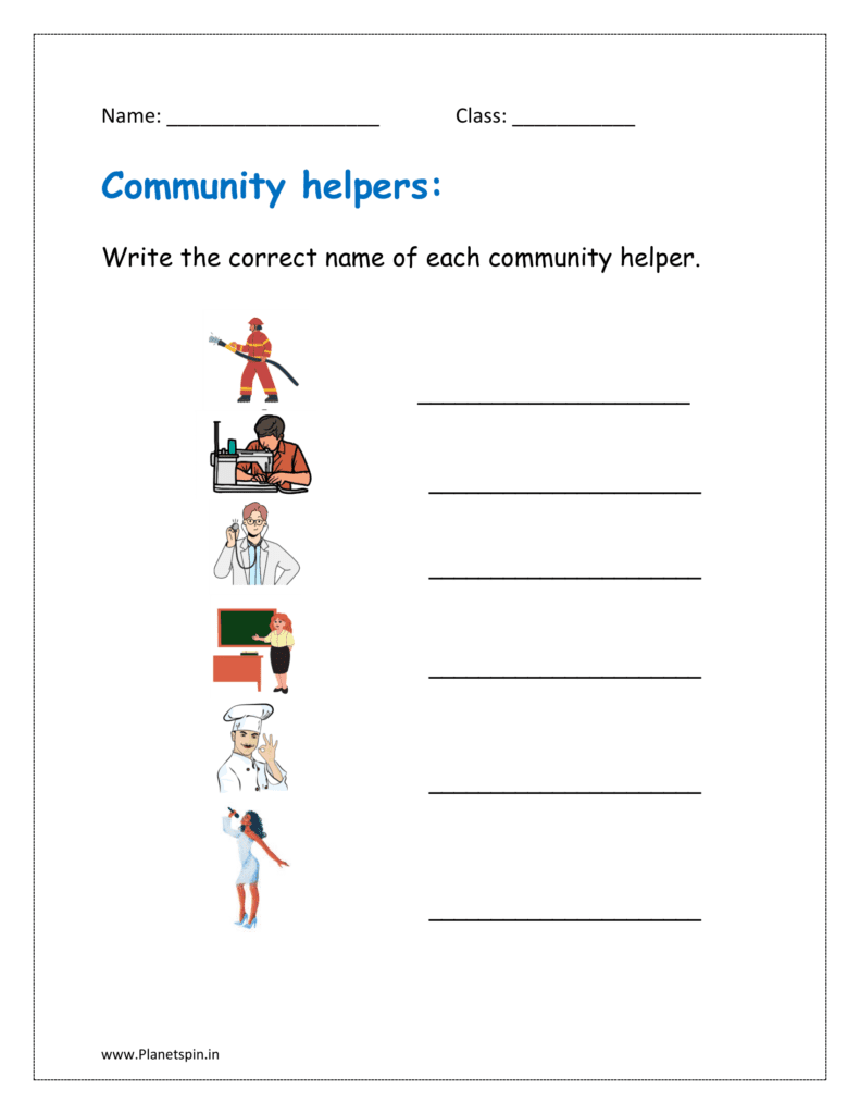 Write the correct name of the community helpers in the free printable worksheet.