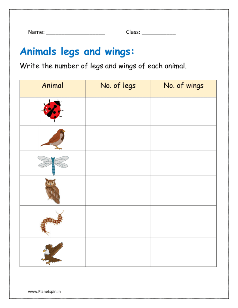 2: Write the number of leg and wings of each animal