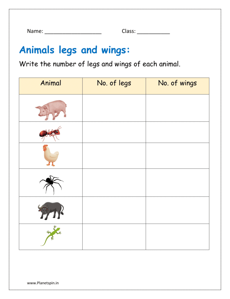 3: Write the number of leg and wings of each animal