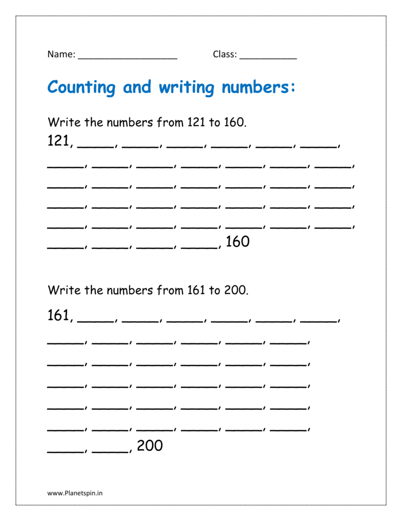 Write the numbers from 121 to 160.