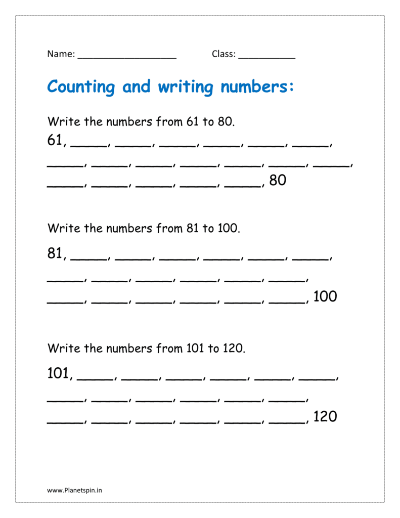 Write the numbers from 61 to 120