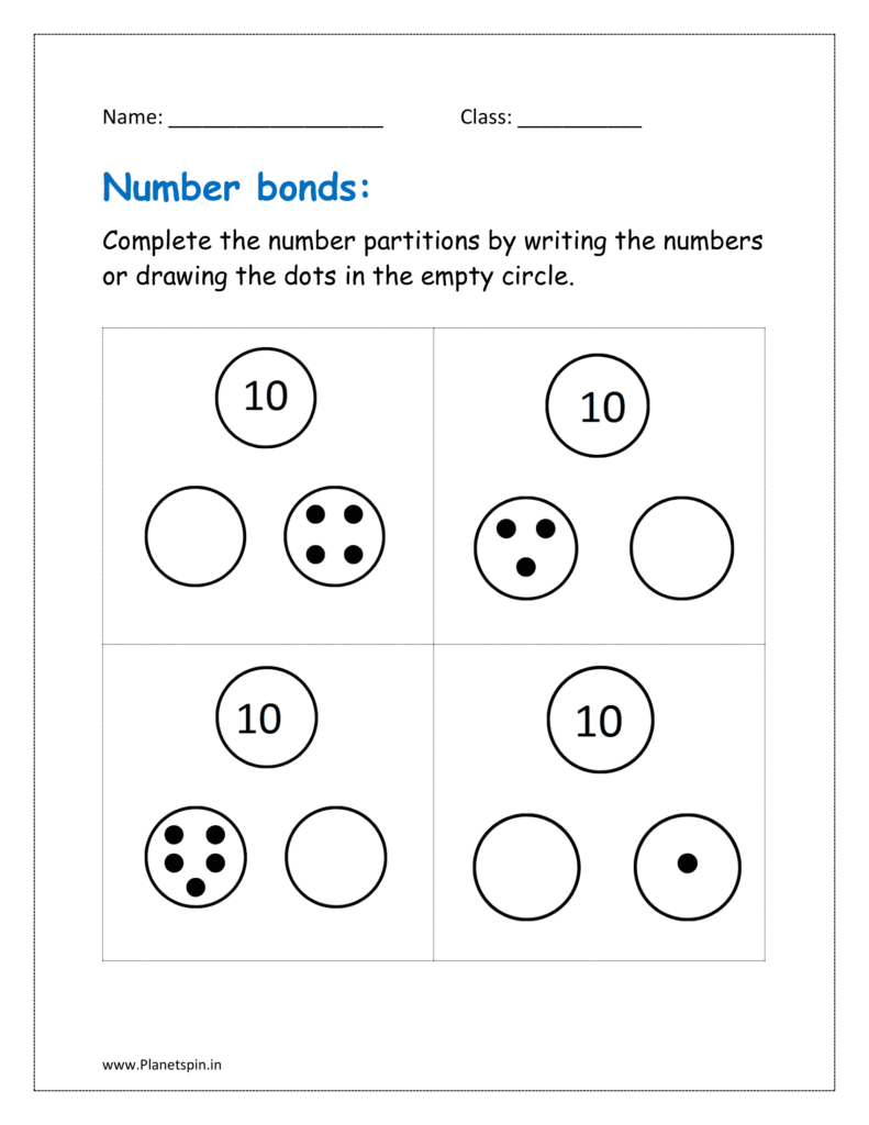 Completing the numbers partitions by writing the numbers or drawing the dots in the empty circle.