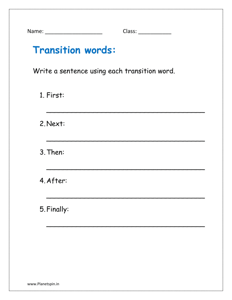 Write a sentence using each transition words in the given worksheet