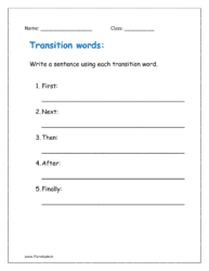 Write a sentence using each transition words (worksheet for grade 1)