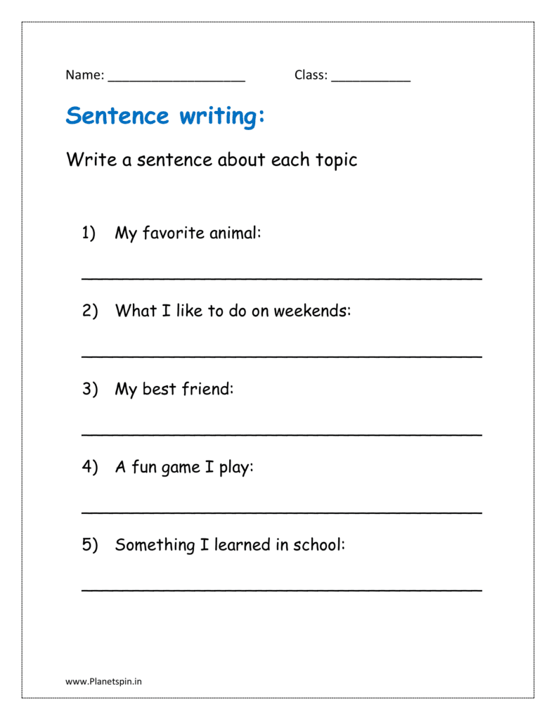 Write a sentence about each topic (sentence construction worksheets for grade 1)