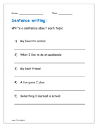 Write a sentence about each topic (sentence construction worksheets for grade 1)