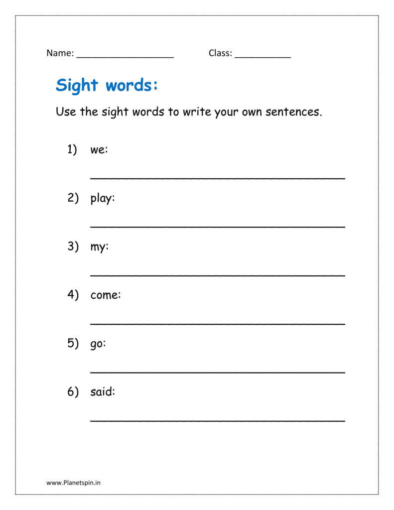 Use the sight words to write your own sentences in the given worksheet for grade 1 