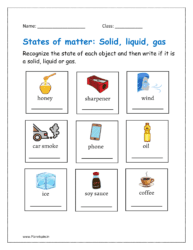 Recognize the state of each object and then write if it is a solid, liquid or gas