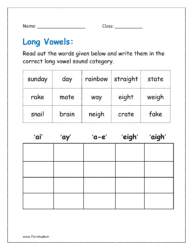 Read out the words given below and write them in the correct long vowel sound category.