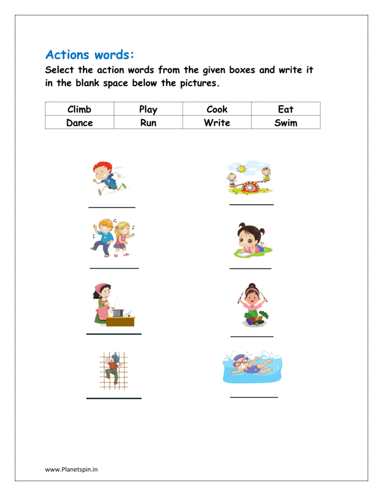 Select the action words from the given boxes and write it in the blank space below the pictures.