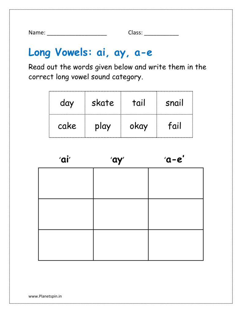 ai, ay, a-e long vowel sounds free worksheet