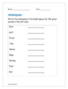 Write the antonym in the blank space for the given words in the left side