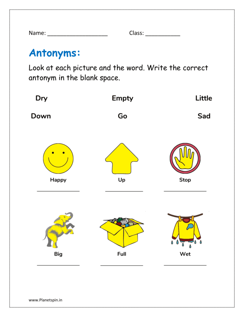 antonyms worksheets with pictures for kindergarten