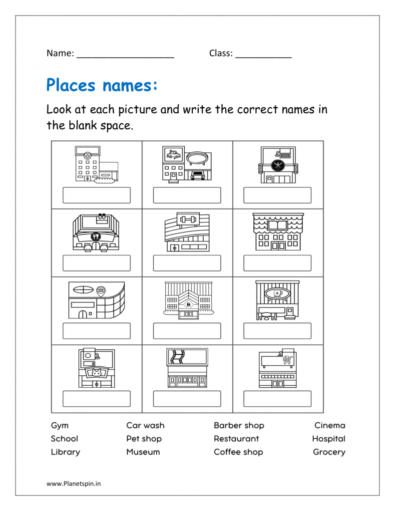 Look at each picture and write the correct names in the blank space (places worksheet for kindergarten)