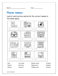 Look at each picture and write the correct names in the blank space (places worksheet for kindergarten)