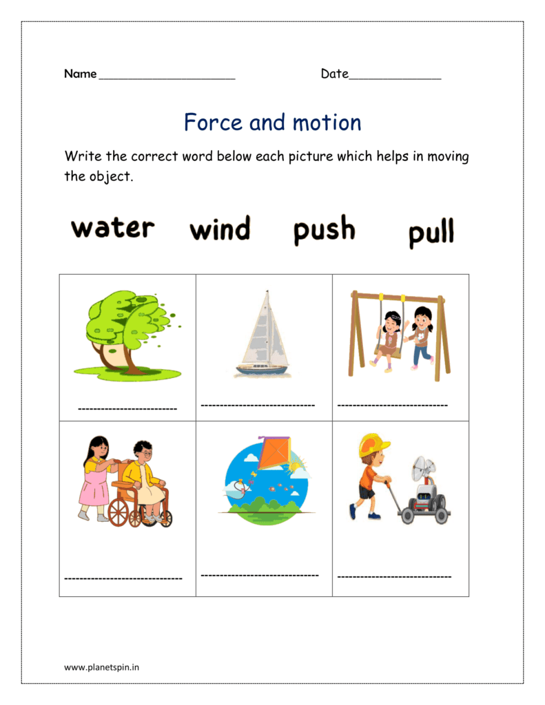 Write the correct word below each force action reaction worksheet which helps in moving the object.