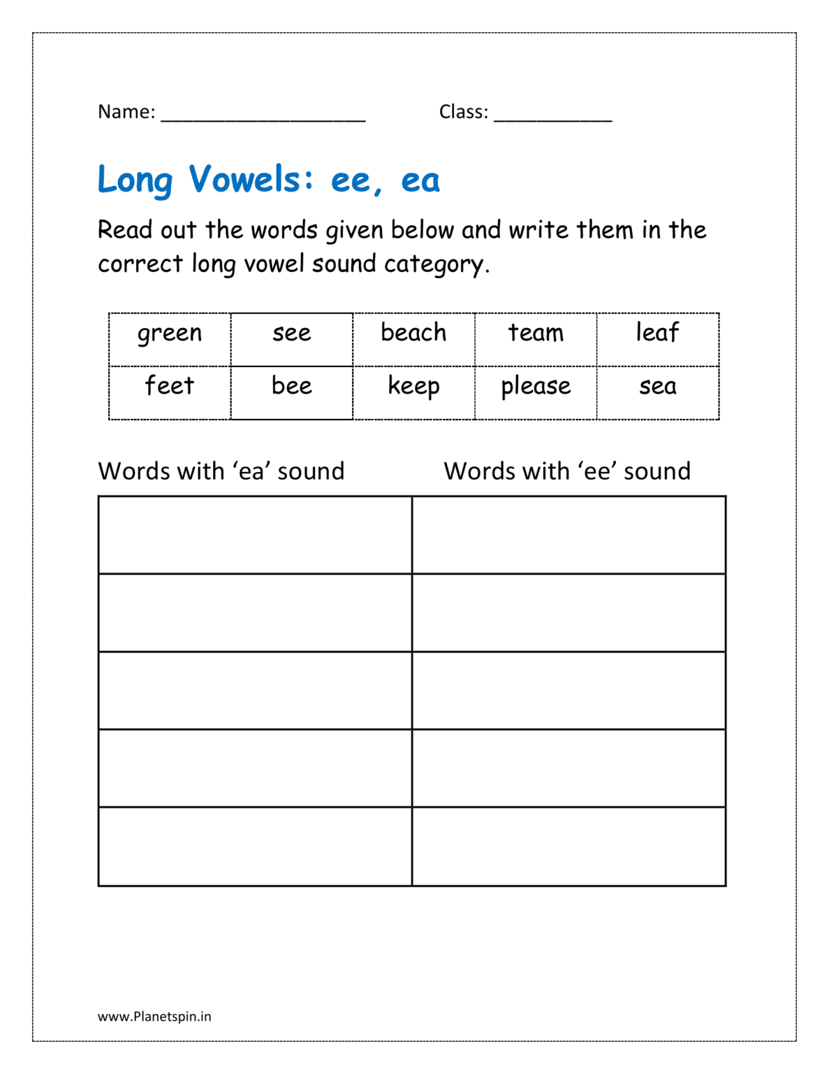 long vowel sound worksheets free for kindergarten | Planetspin.in