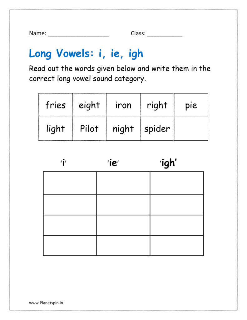 Read out the words given below and write them in the correct long vowel sound category.