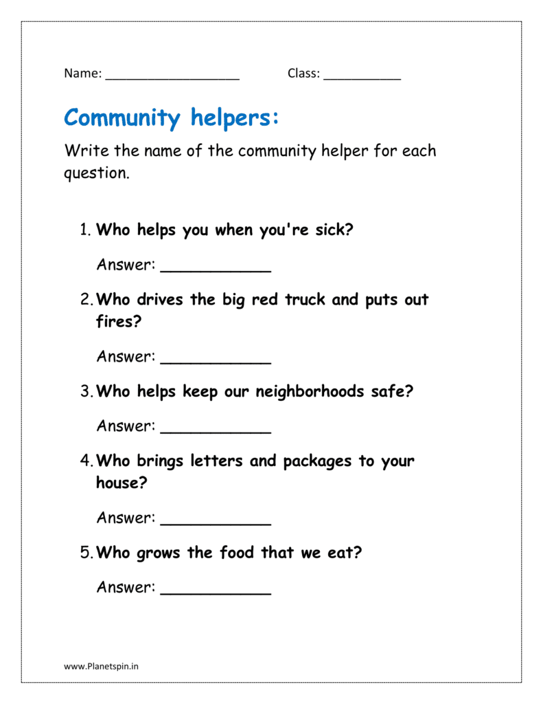 Write the name of the community helpers for each question in the free printable worksheet.