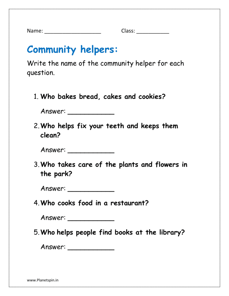 Write the name of the community helpers for each question in worksheet.