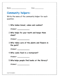 Write the name of the community helpers for each question in worksheet.