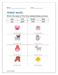 Write the name of the farm animals below pictures