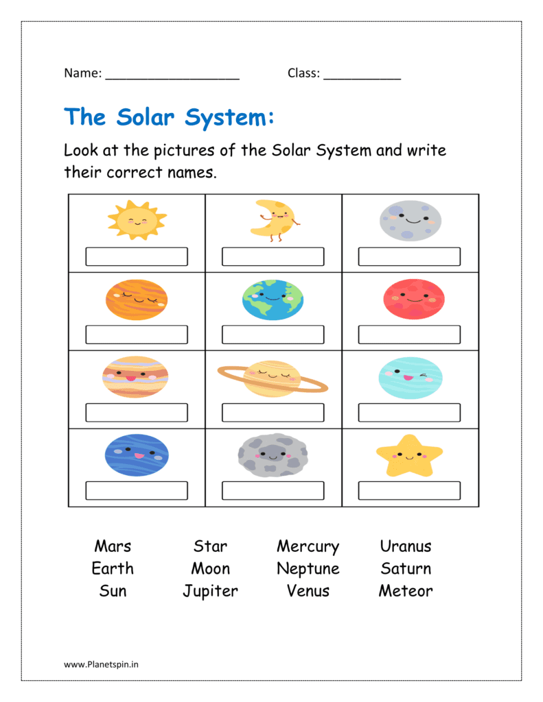 Look at the pictures of the Solar System and write their correct names