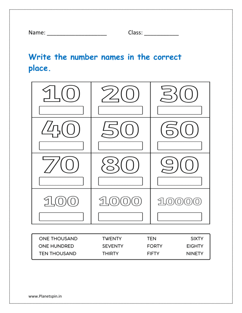 Write the number names in the correct place