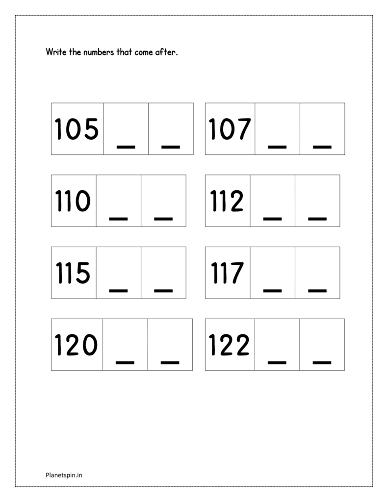 105 to 124: Write the missing numbers in sequence from 105 to 124