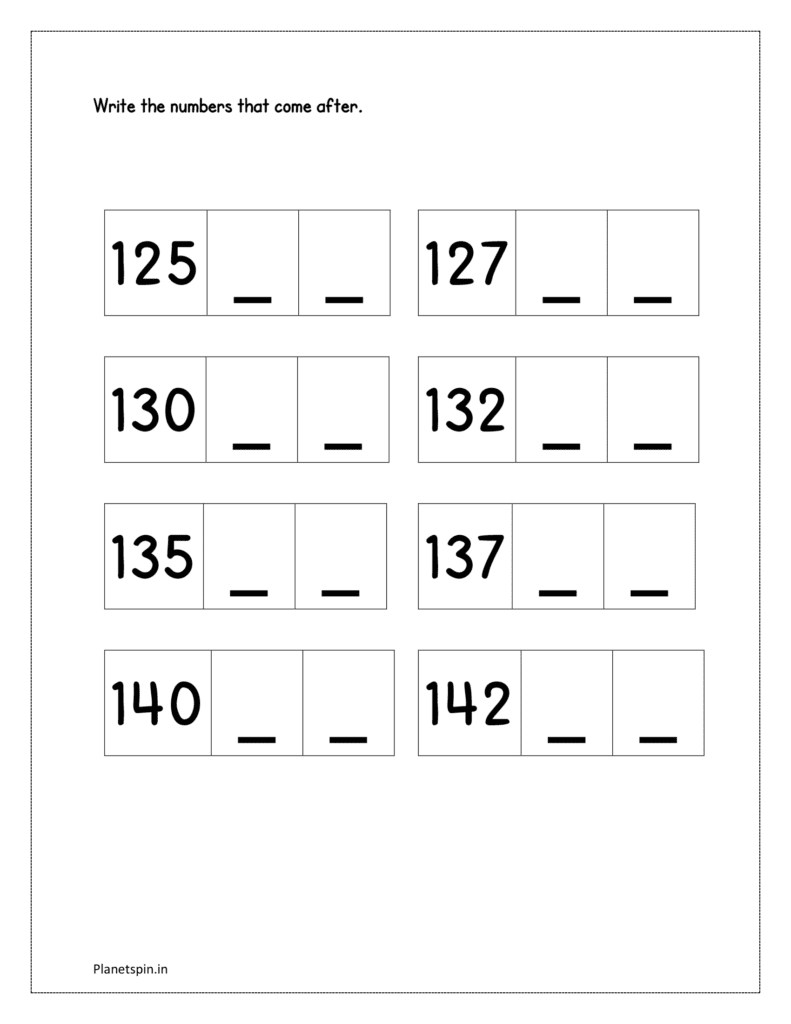 125 to 144: Write the missing numbers in sequence from 125 to 144