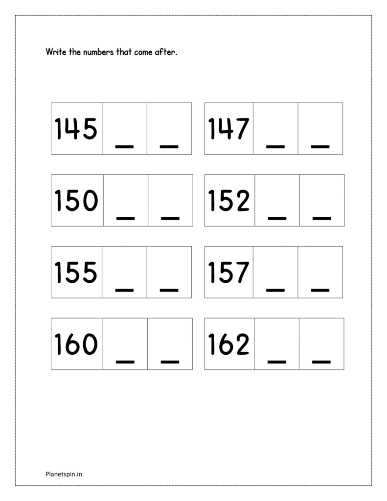 145 to 164: Write the missing numbers in sequence from 145 to 164 (counting forward worksheets)