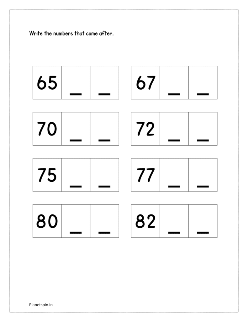 65 to 84: Write the missing numbers in sequence from 65 to 84