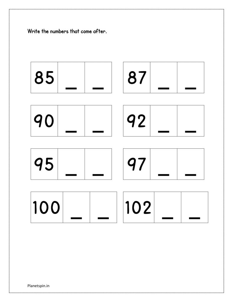 85 to 104: Write the missing numbers in sequence from 85 to 104 