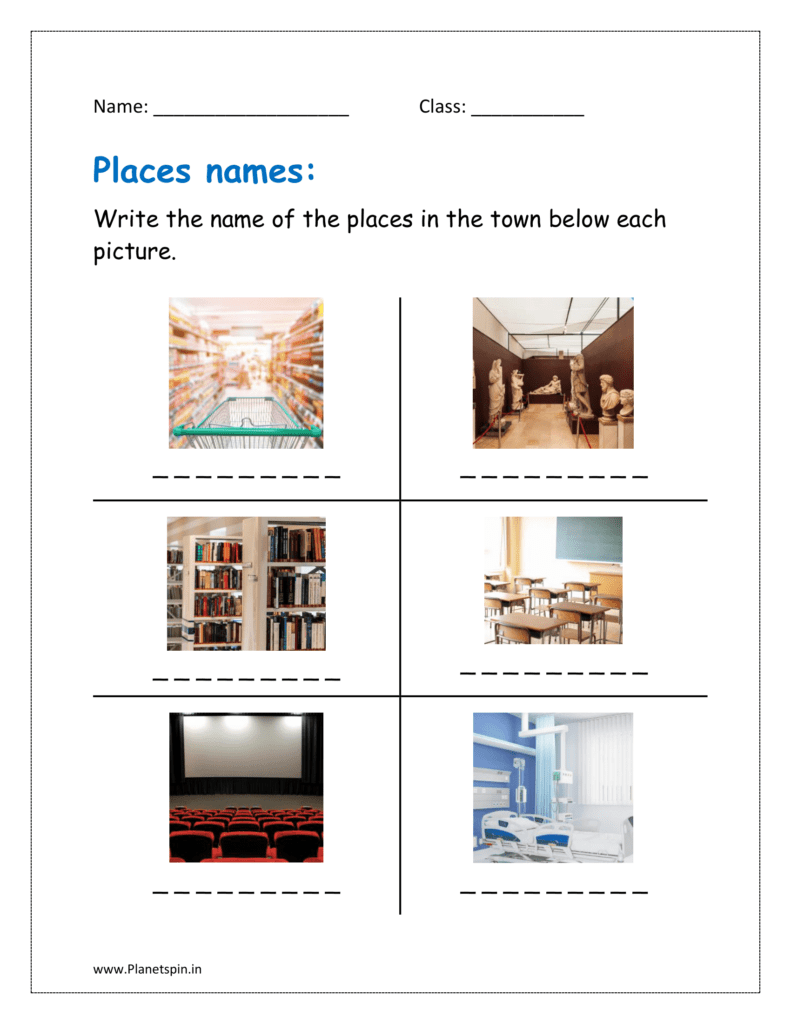 Write the name of the places in the town below each picture