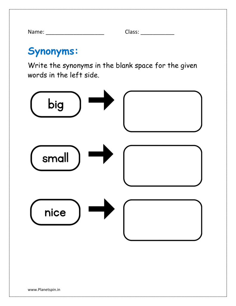 Write the synonyms in the blank space for the given words in the left side in the worksheet