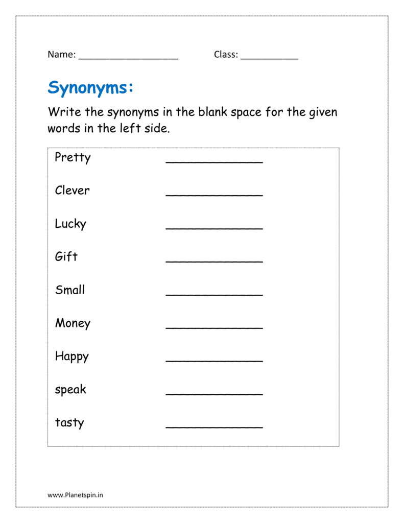 Write the synonyms in the blank space for the given words in the left side in the worksheet pdf